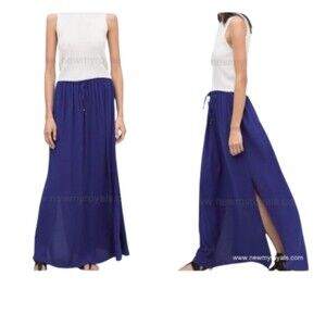 ZARA BASIC SZ XS ROYAL BLUE POLYESTER ELASTIC WAIST MAXI SKIRT HIGH SIDE SLITS